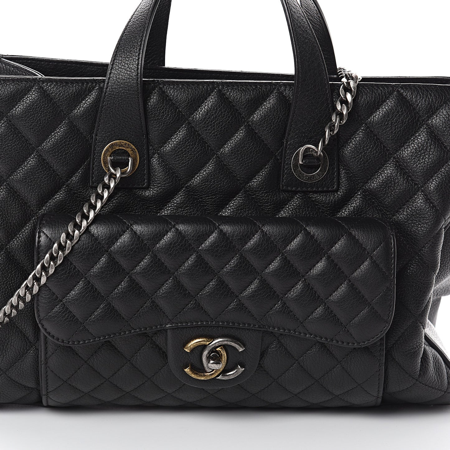 Grained Calfskin Quilted Large Casual Pocket Tote Black