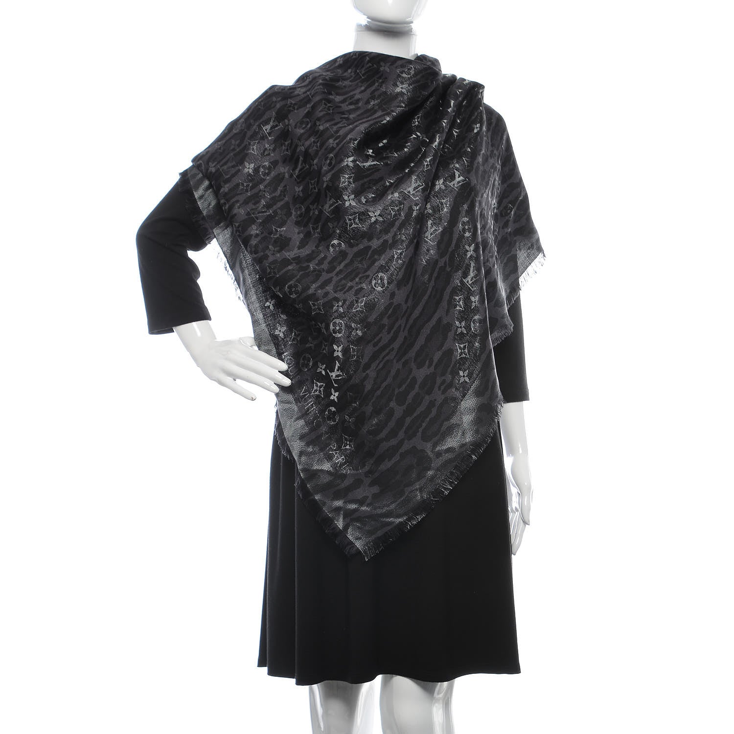 Louis Vuitton Silk Wool Monogram Leogram Shine Shawl Black 2 of 4