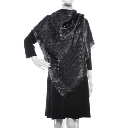 Louis Vuitton Silk Wool Monogram Leogram Shine Shawl Black 2 of 4