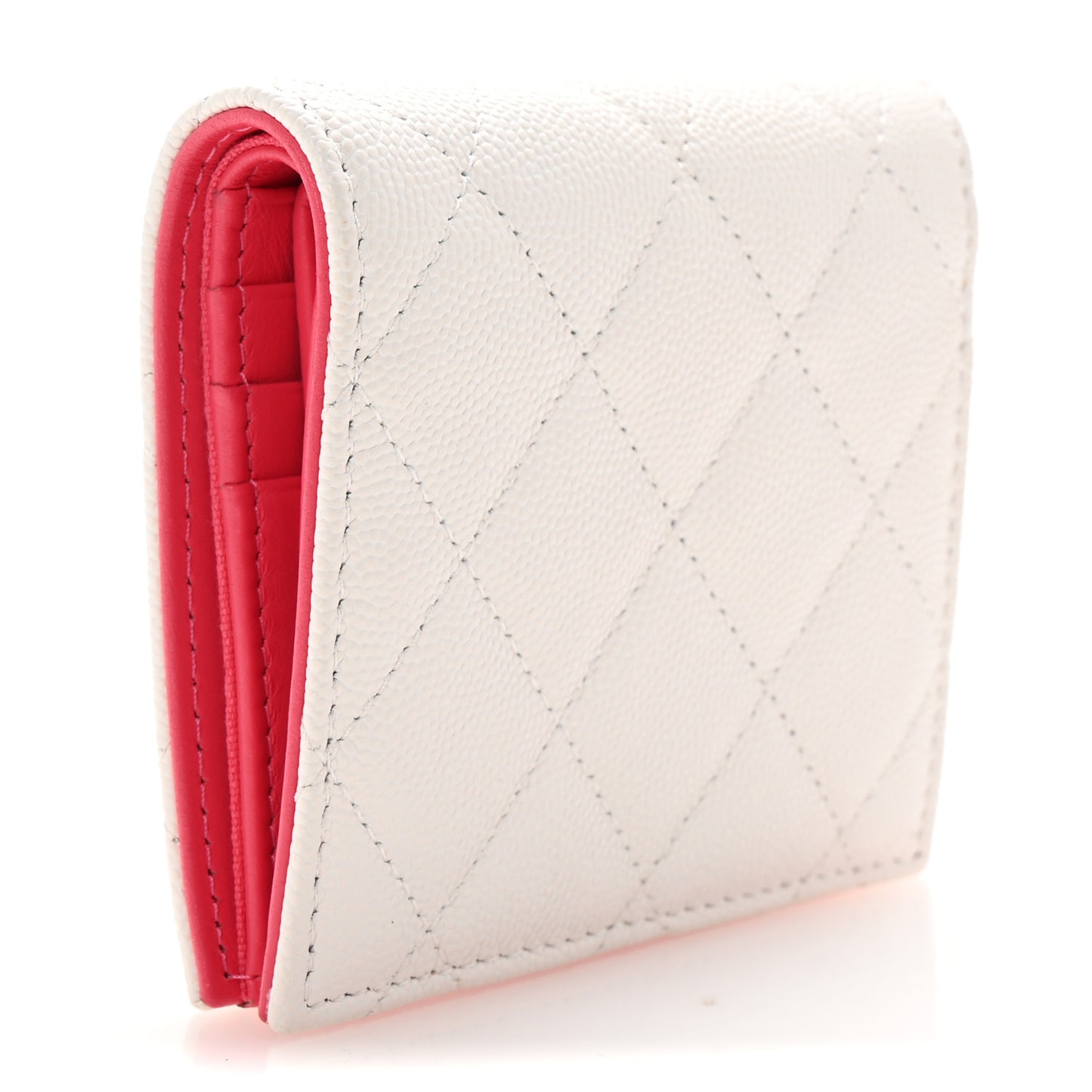 Caviar Metal Perforated Quilted CC Compact Bi-Fold Flap Wallet White Pink