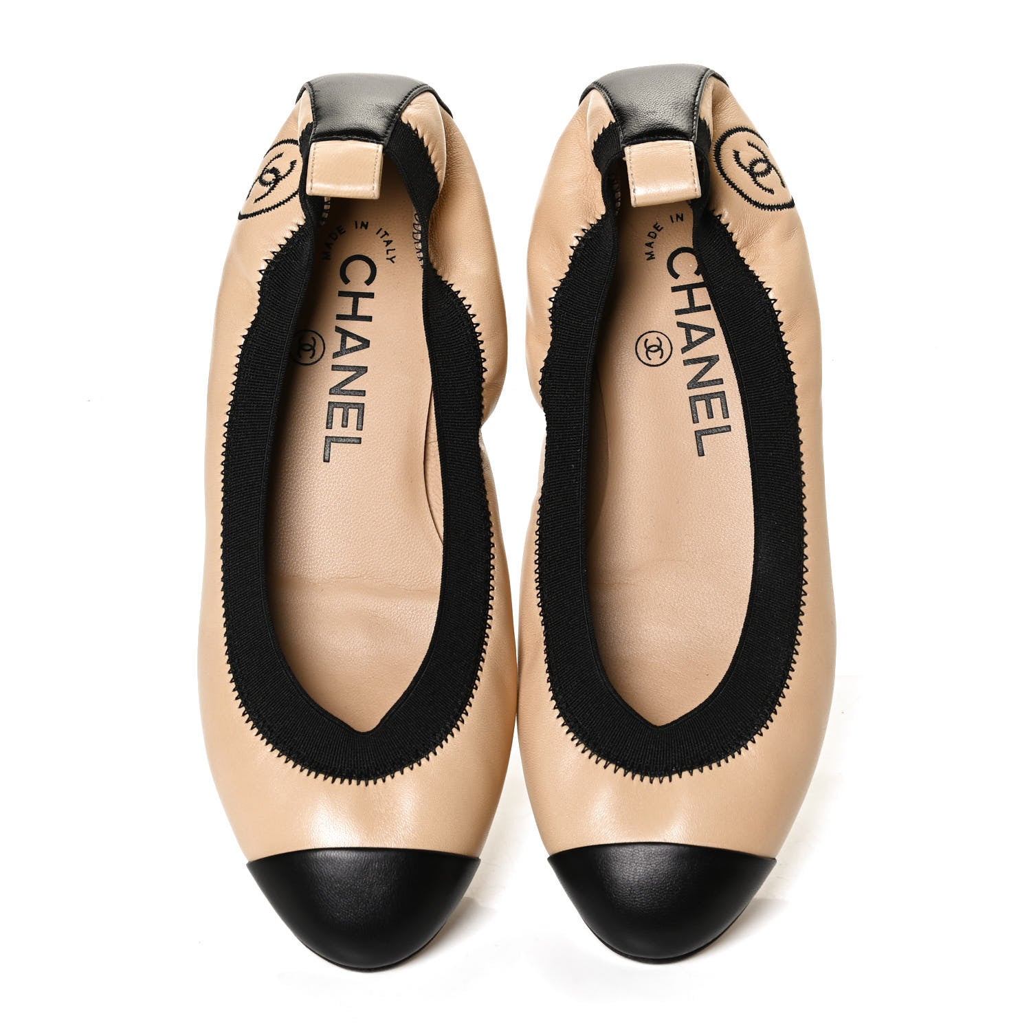 Chanel Lambskin CC Elastic Cap Toe Ballerina 35 Flats Beige Black 5 of 10