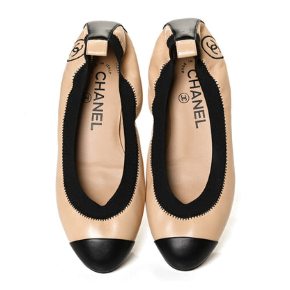 Chanel Lambskin CC Elastic Cap Toe Ballerina 35 Flats Beige Black 5 of 10