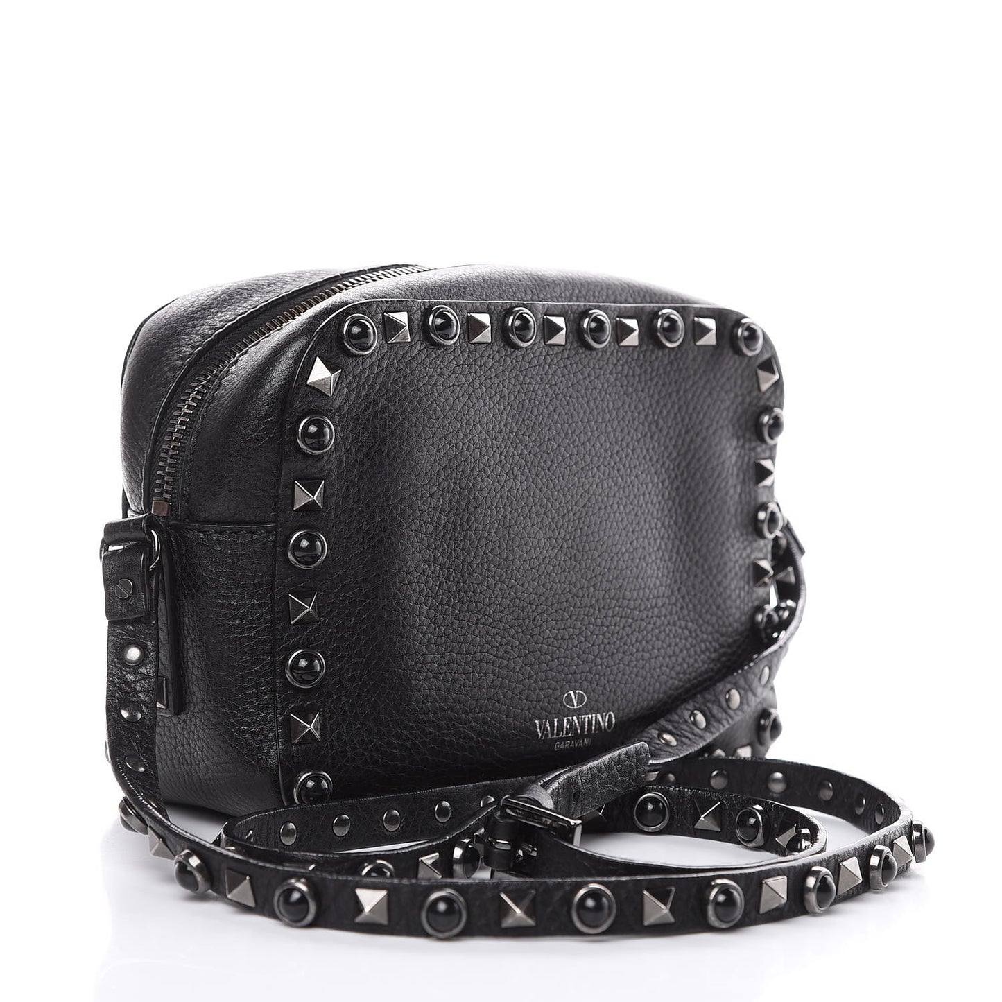Grained Calfskin Onyx Rockstud Rolling Camera Crossbody Bag Black