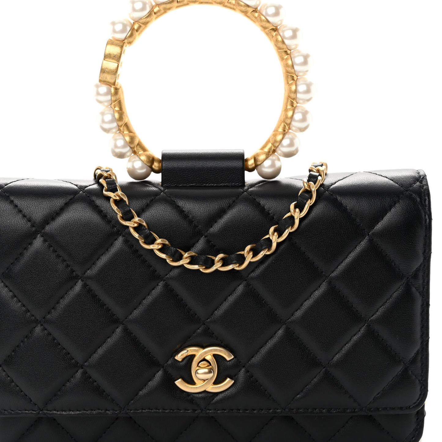 Lambskin Quilted Pearl Crown Wallet On Chain WOC Black