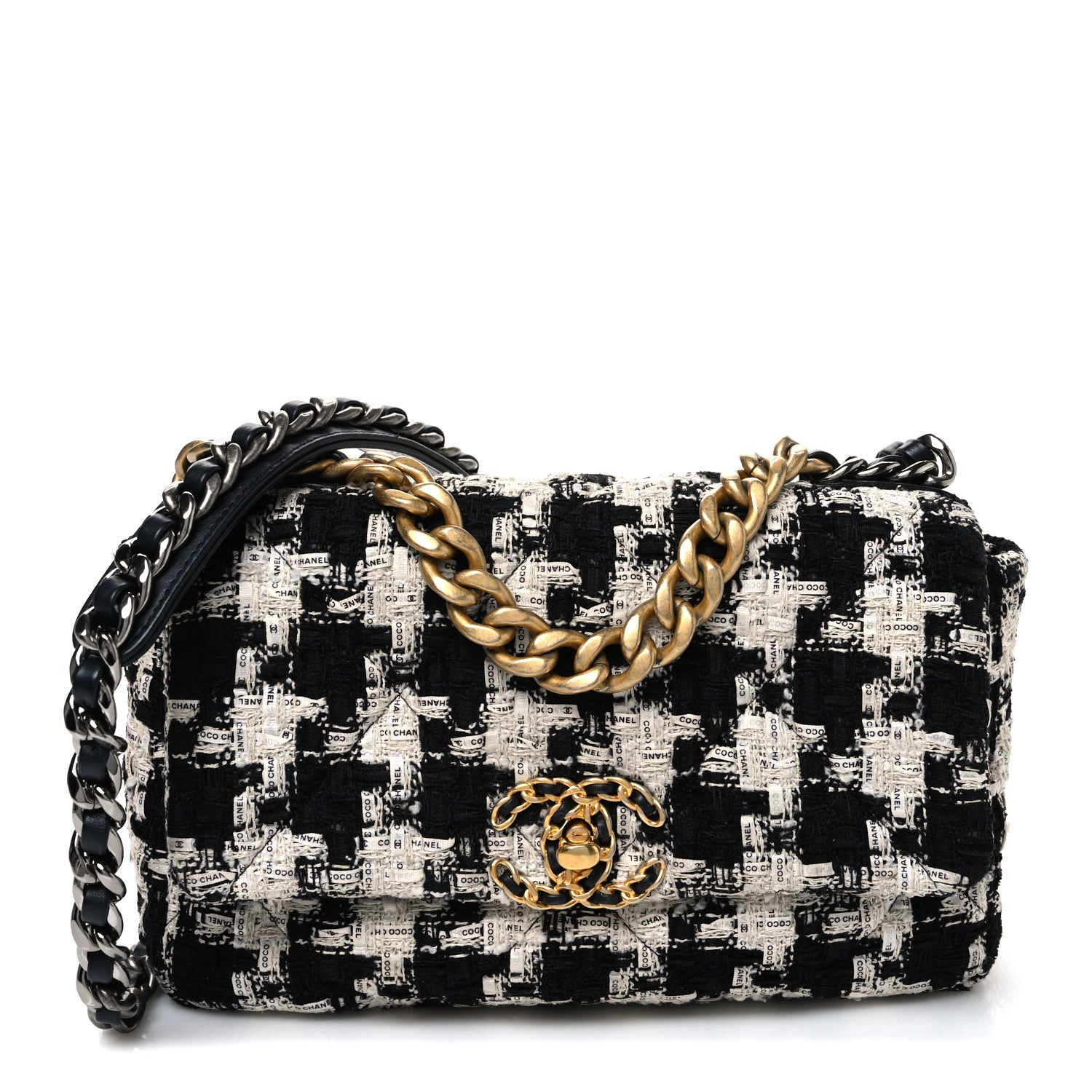 Chanel Tweed Quilted Medium Chanel 19 Flap Black Ecru White 1 of 10