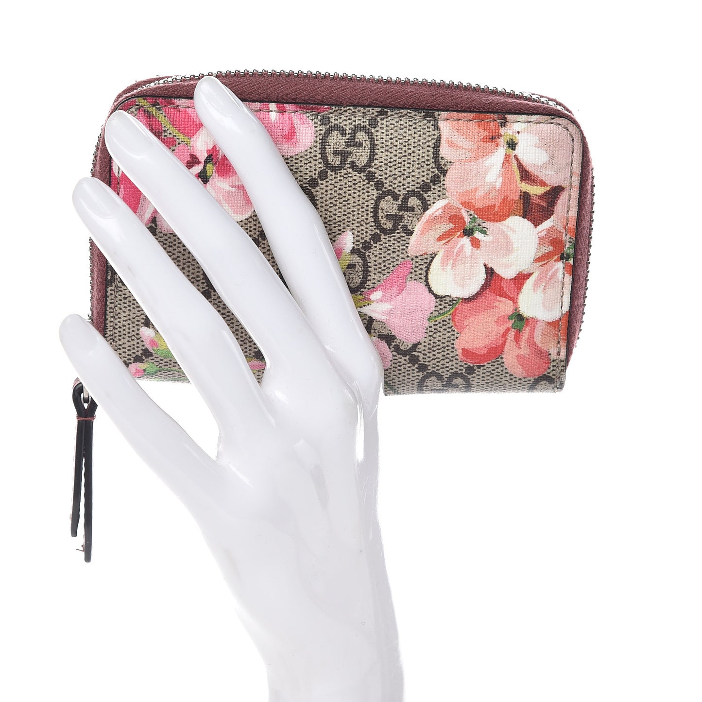 GG Supreme Monogram Blooms Zip Around Card Case Wallet Beige Multicolor Dry Rose