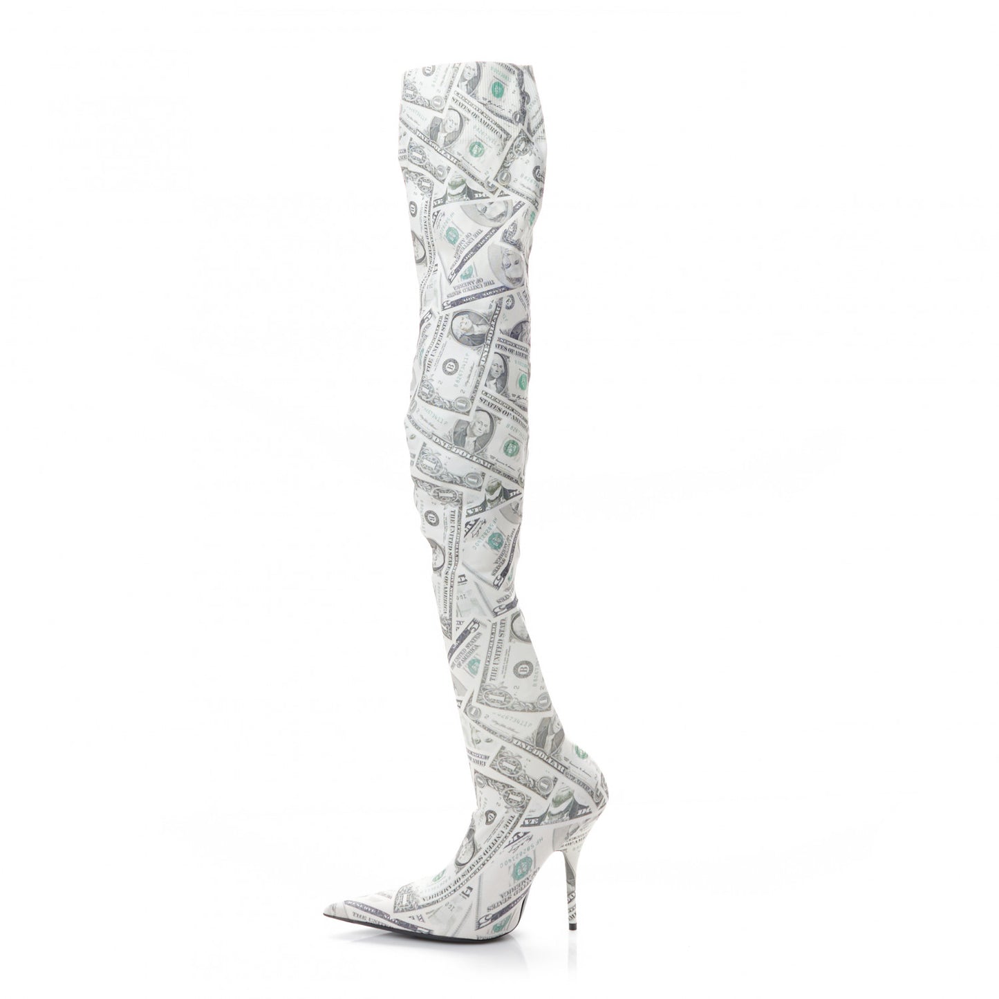 Spandex Dollars Print Pointed Toe Knife Thigh High Boots 36.5 Green