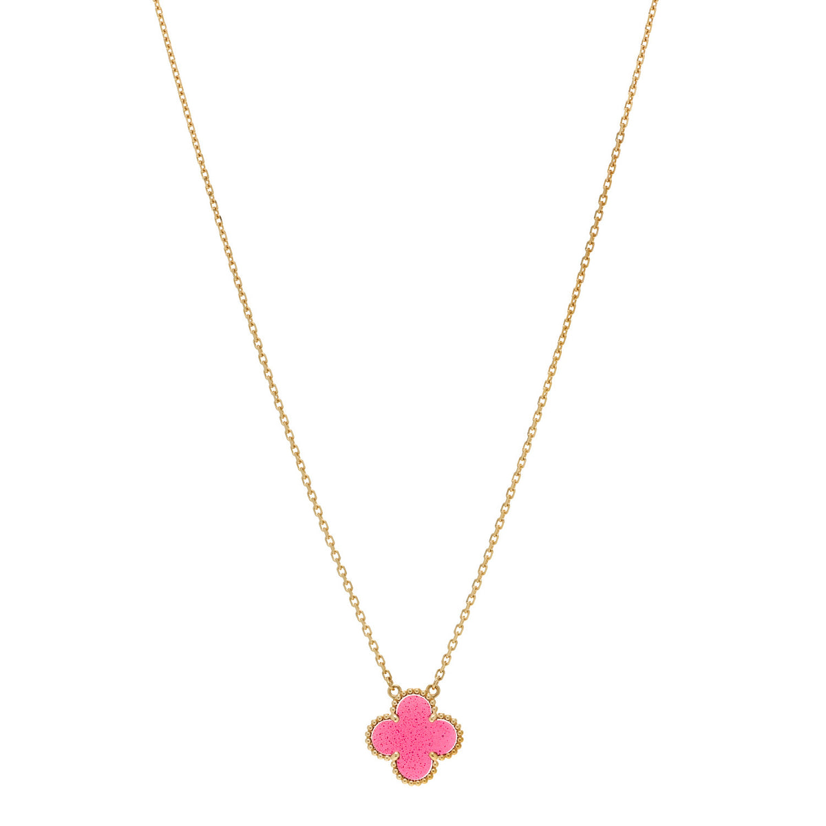 18K Yellow Gold Pink Enamel Vintage Alhambra Pendant Necklace