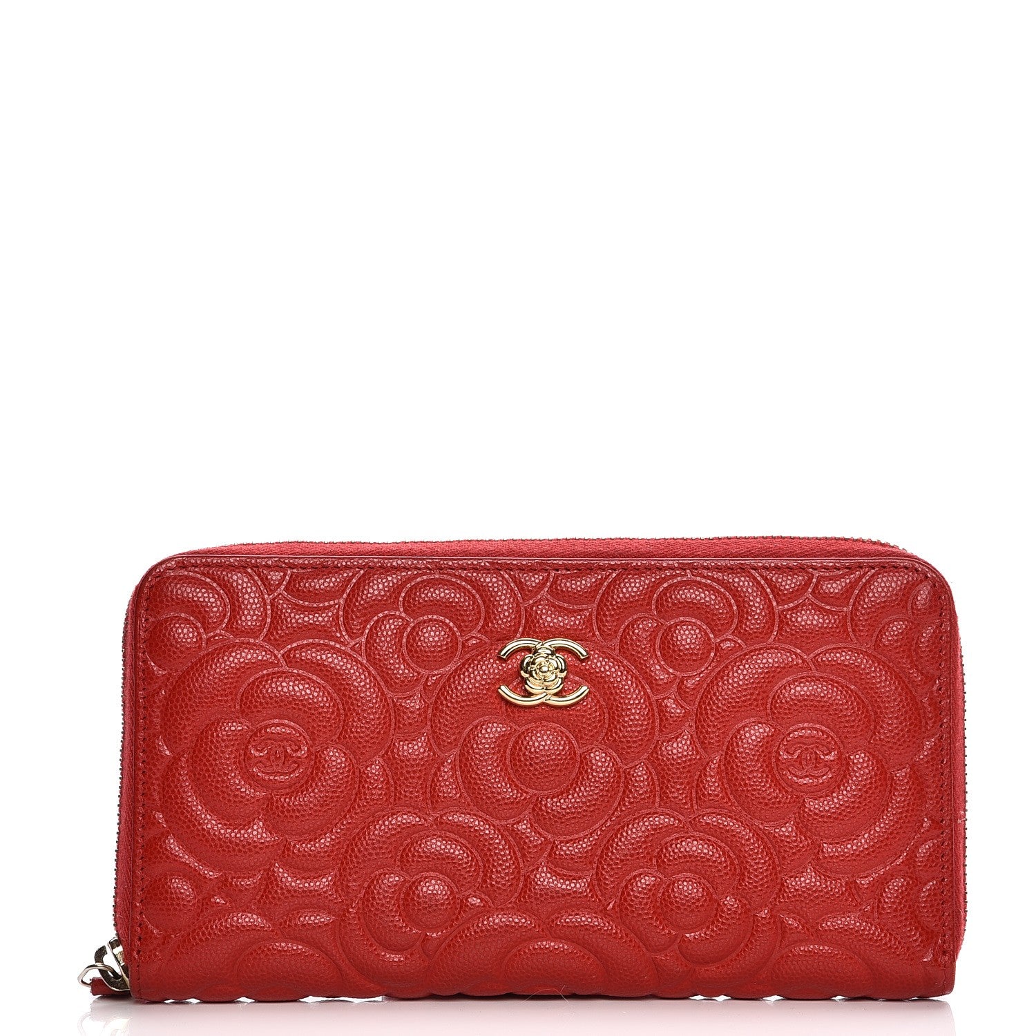 Chanel Caviar Camellia Embossed Zip Around Large Gusset Wallet Red 1 of 11