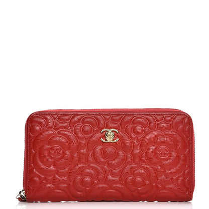 Chanel Caviar Camellia Embossed Zip Around Large Gusset Wallet Red 1 of 11