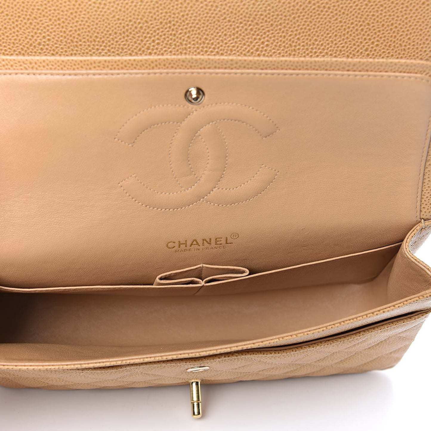 Caviar Quilted Medium Double Flap Beige