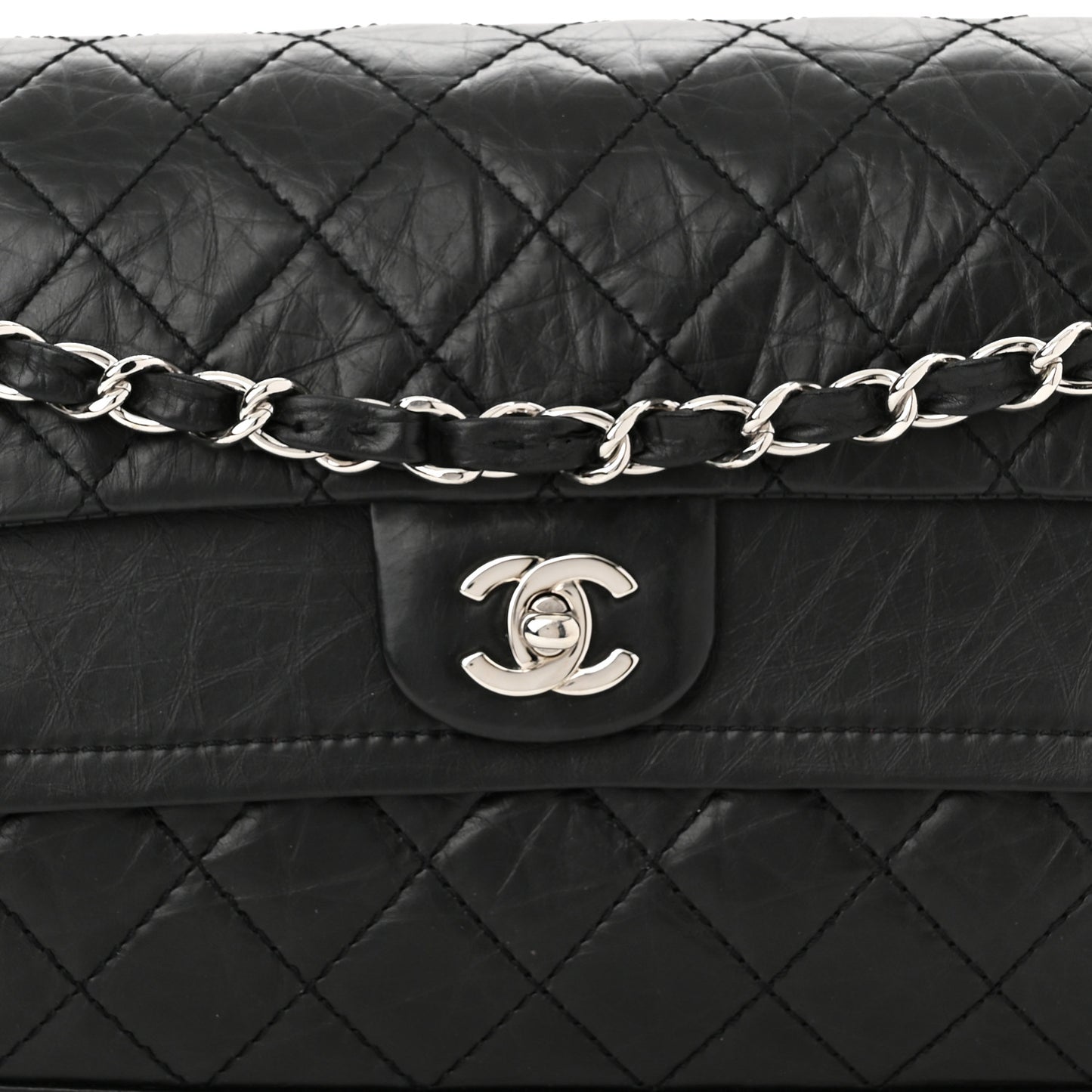 Aged Calfskin Quilted Medium Accordion Flap Black