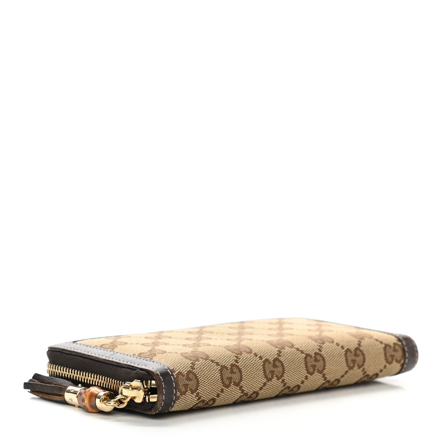 Gucci Monogram Calfskin Bamboo Tassel Zip Around Wallet Beige Ebony Chocolate 4 of 8