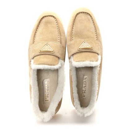 Prada Suede Shearling Triangle Logo Loafer 39 Ecru 2 of 9