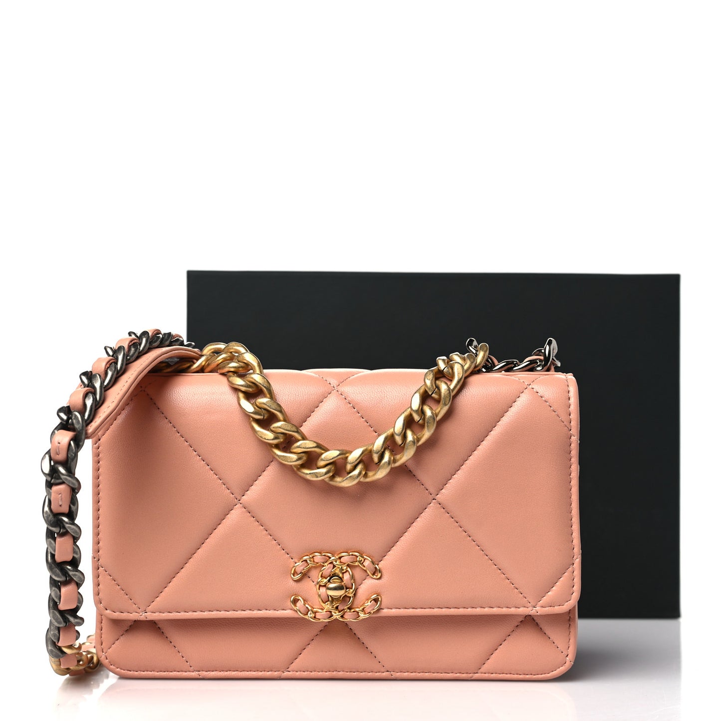 Lambskin Quilted Chanel 19 Wallet On Chain WOC Beige