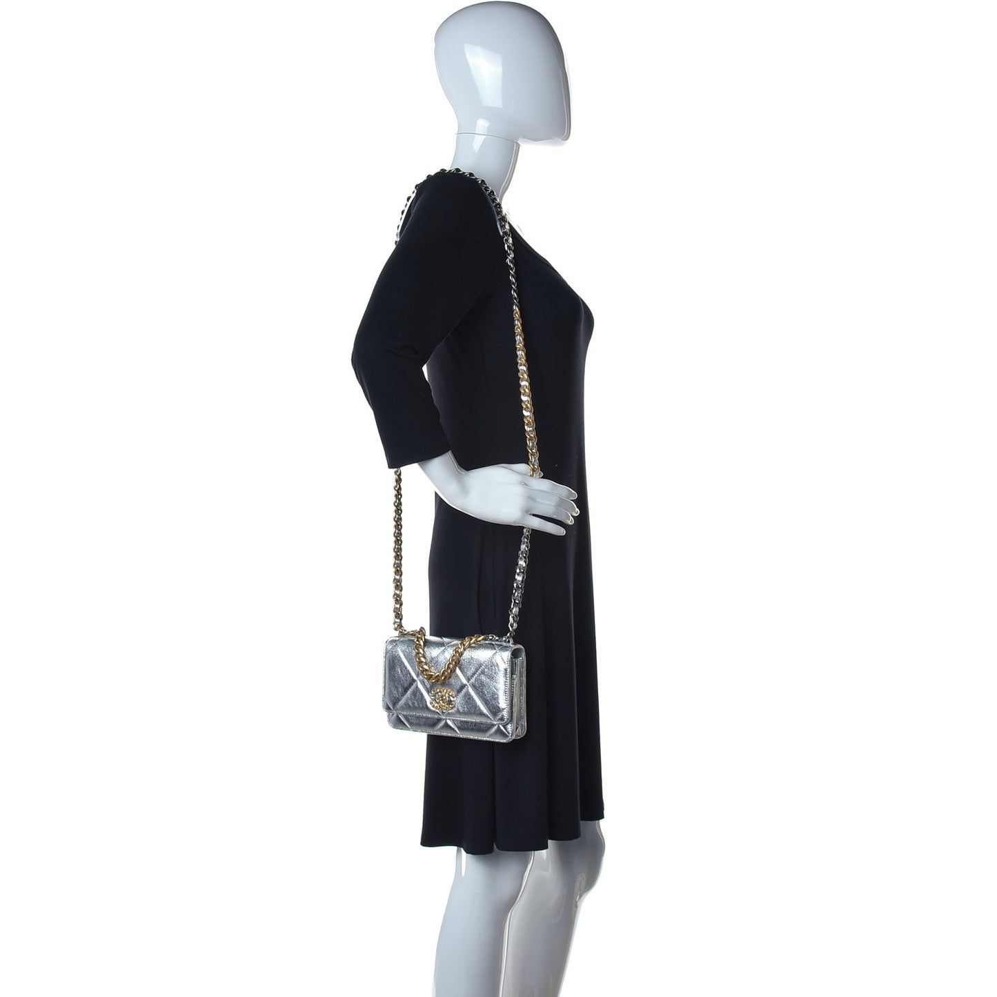 Metallic Lambskin Quilted Chanel 19 Wallet On Chain WOC Silver