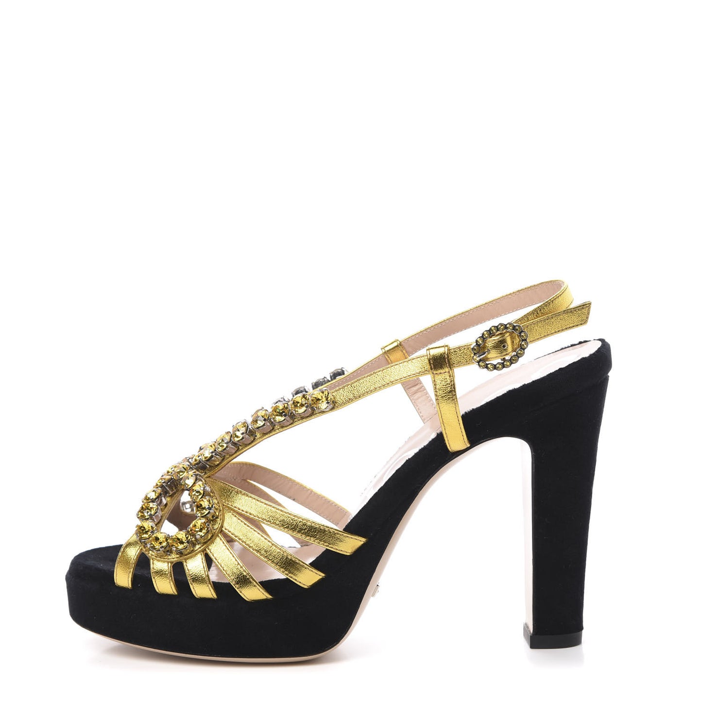 Velvet Nappa Crystal Zephyra Slingback Platform High Heel Sandals 37 Black Gold