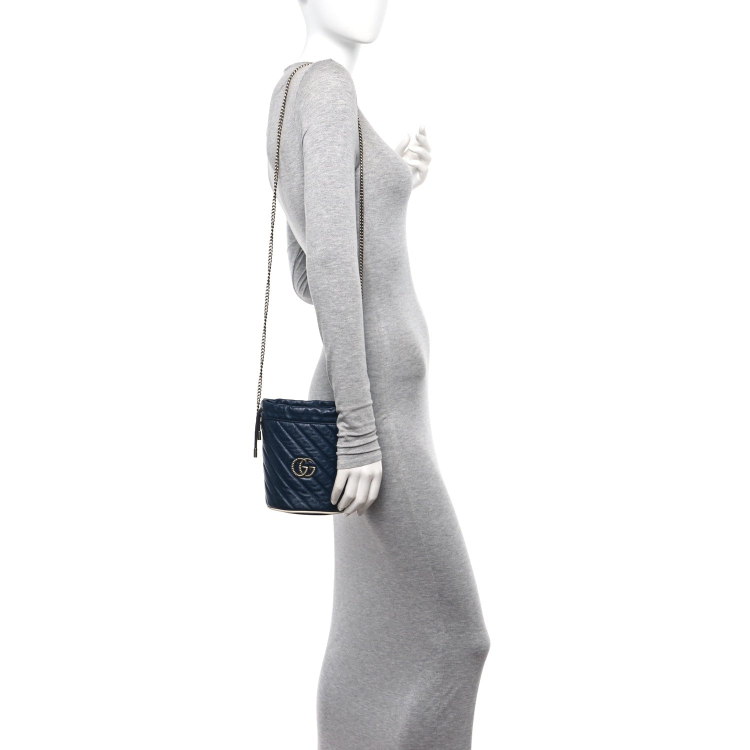 Gucci Vintage Effect Calfskin Matelasse Diagonal Mini Torchon GG Marmont 2.0 Bucket Bag Blue Agata Mystic White 2 of 9
