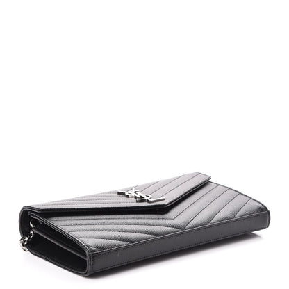 Saint Laurent Grain De Poudre Matelasse Chevron Monogram Chain Wallet Black 4 of 8