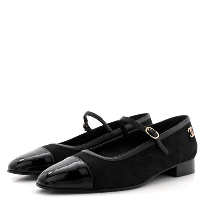 Chanel Suede Kidskin Lambskin Patent Calfskin Crystal CC Cap Toe Flats 40 Black 4 of 10