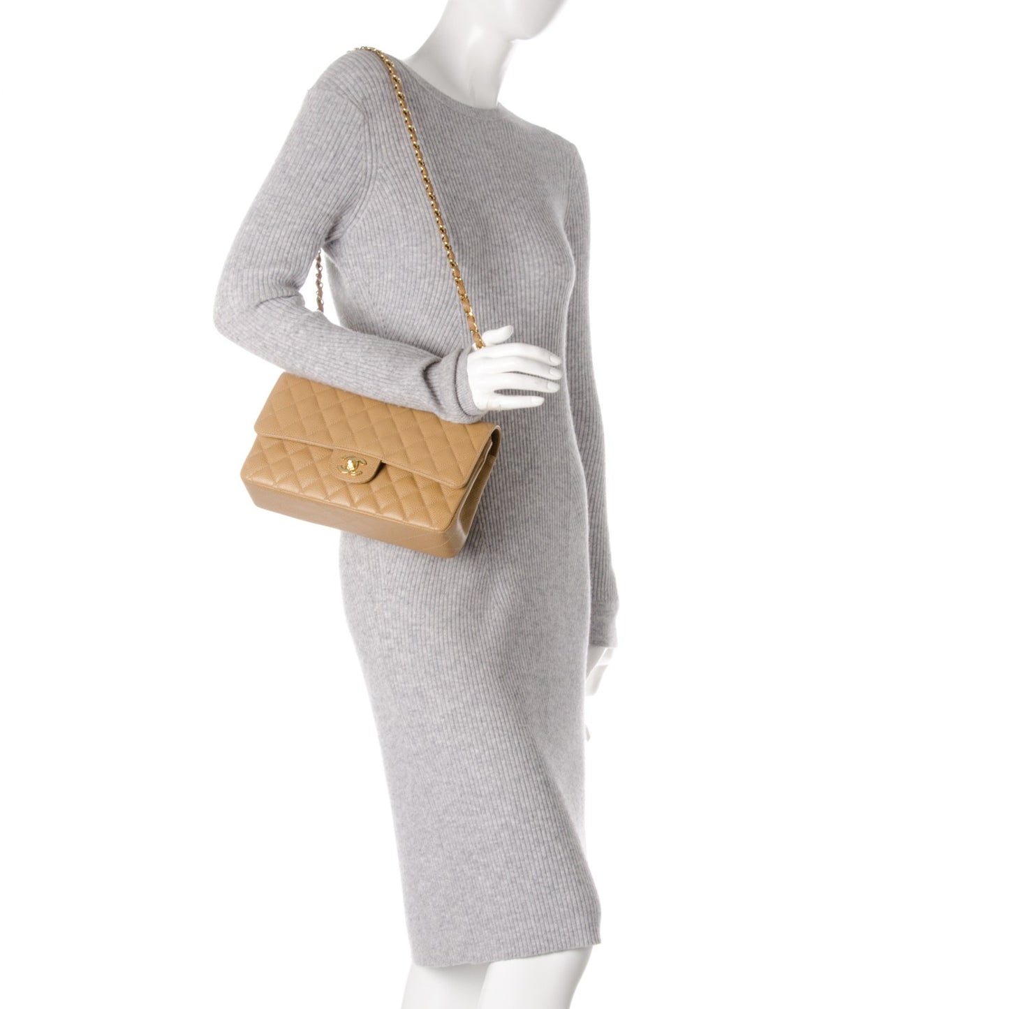 Caviar Quilted Medium Double Flap Beige