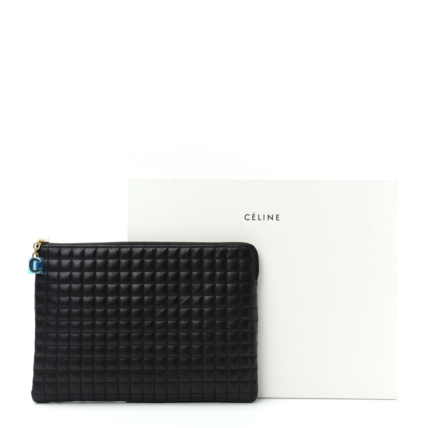 Calfskin Quilted C Charm Pouch Black