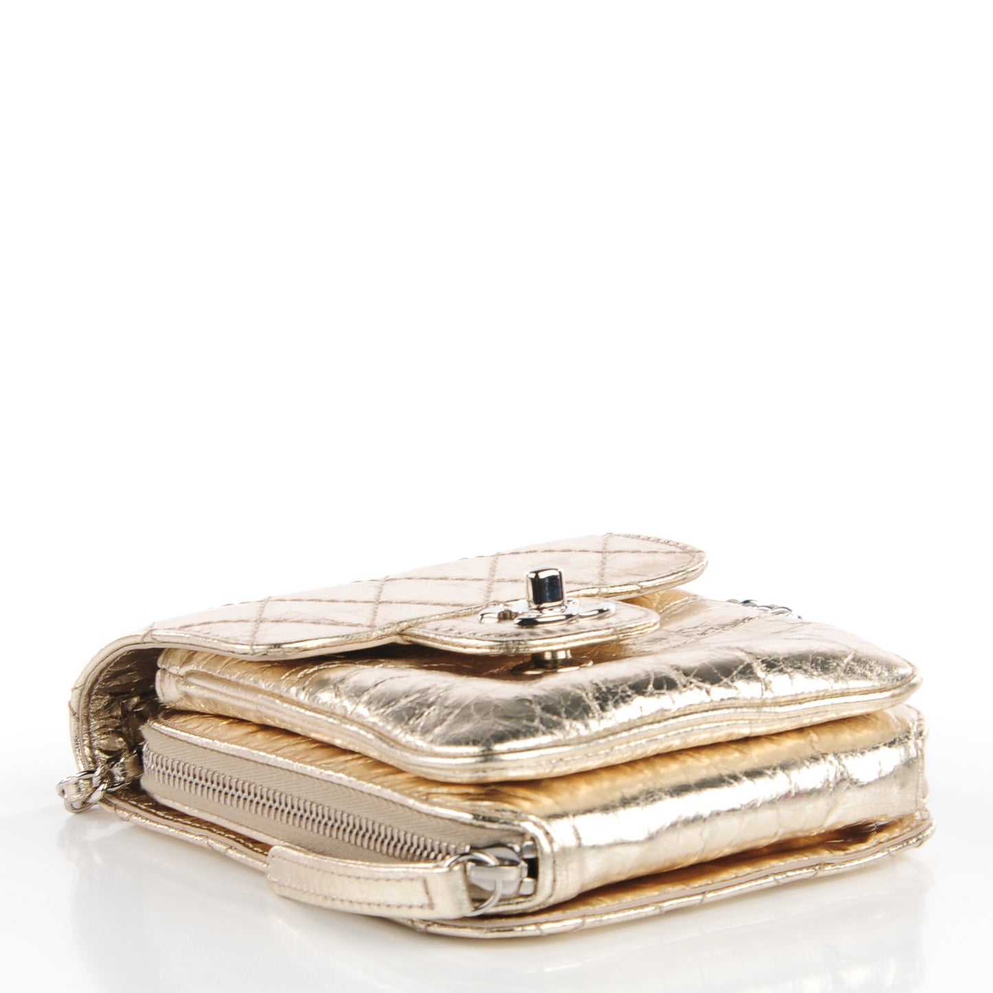 Metallic Calfskin Mini Flap Wallet On Chain WOC Gold