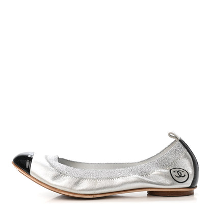 Chanel Metallic Lambskin CC Elastic Cap Toe Ballerina Flats Flats 38 Silver Black 1 of 4