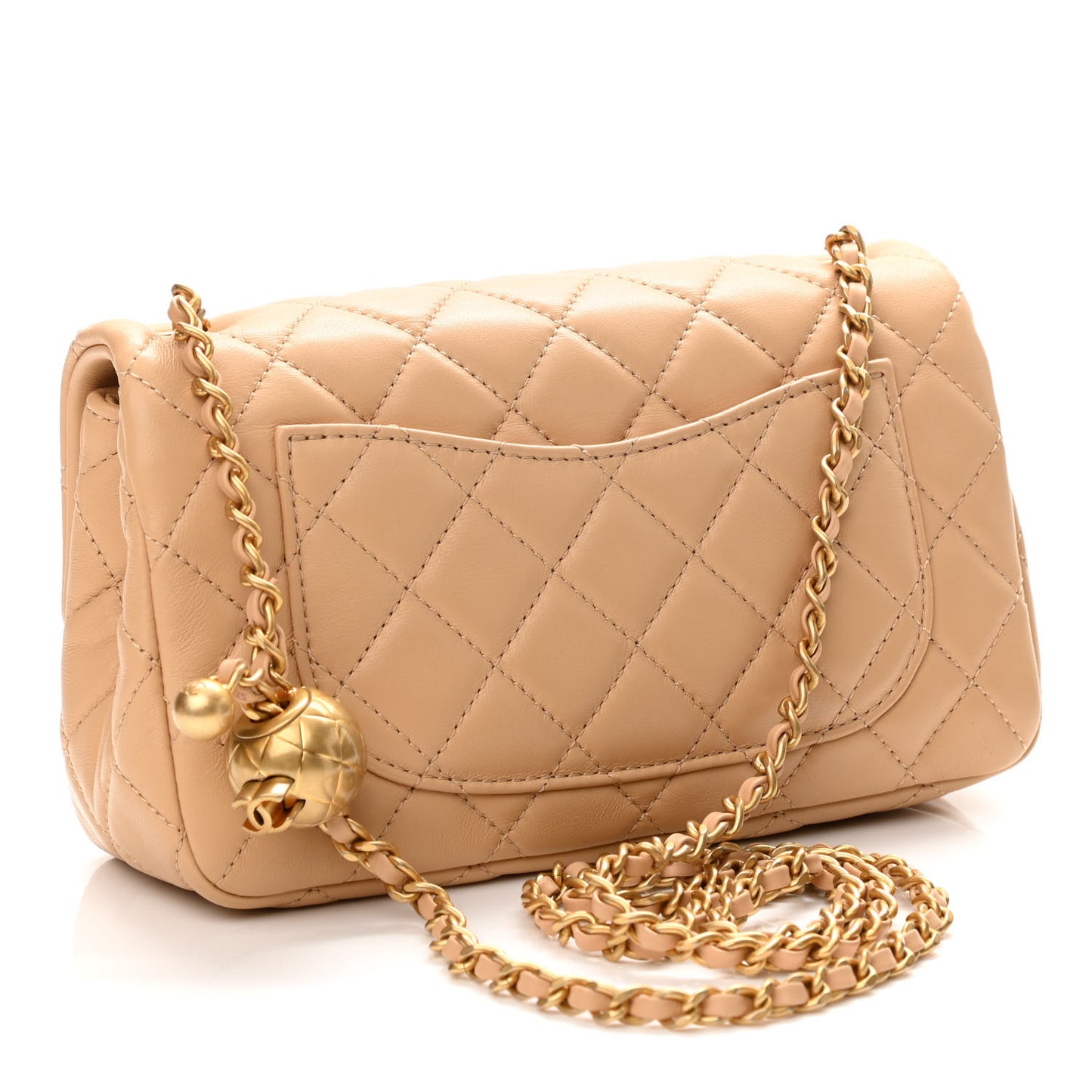Lambskin Quilted Mini Rectangular Pearl Crush Flap Beige
