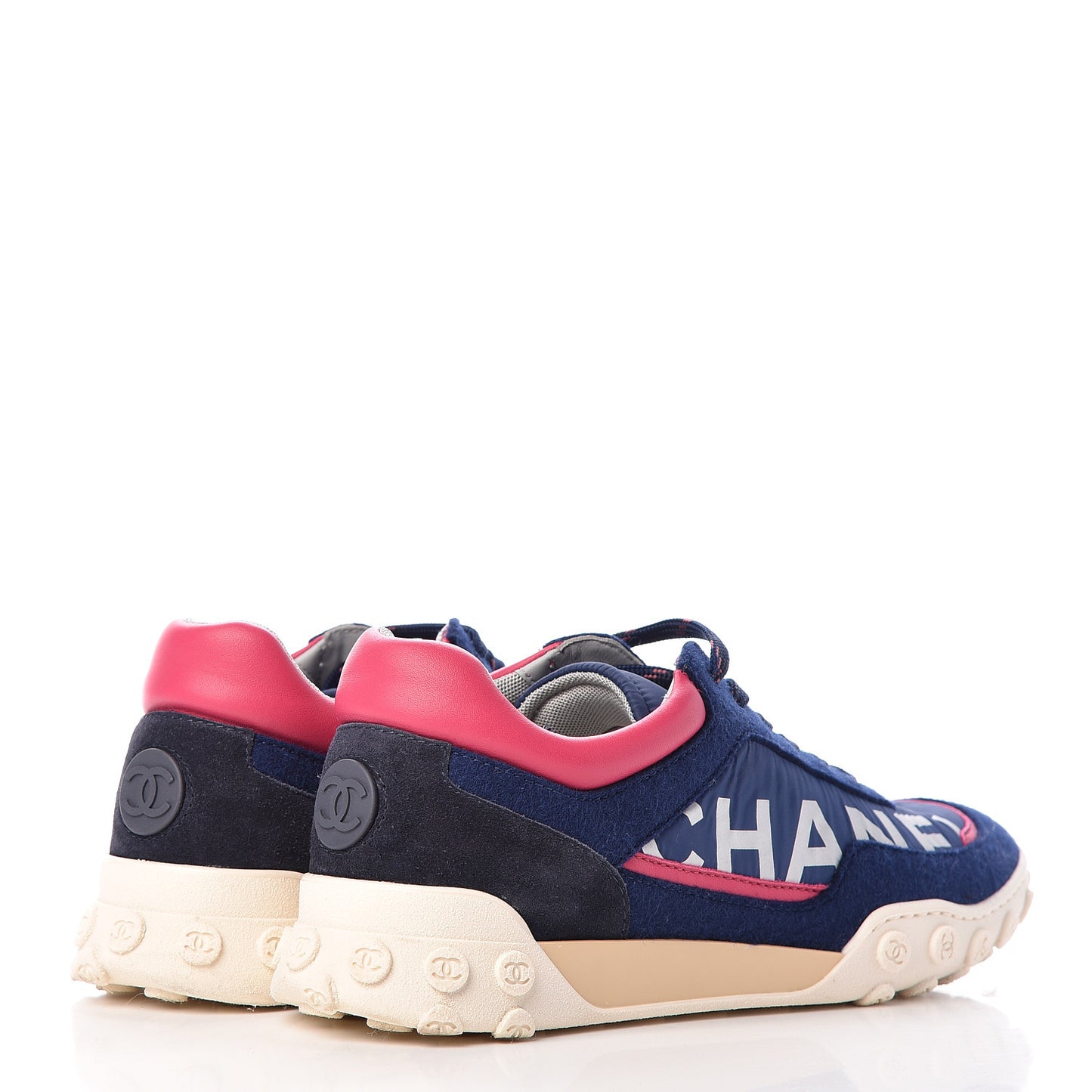 Wool Nylon Lambskin Suede Calfskin Womens Logo Sneakers 39.5 Navy Pink