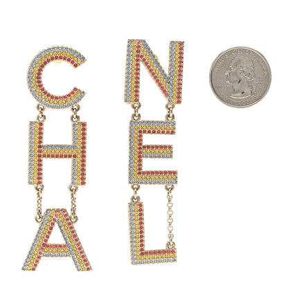 Chanel Metal Crystal Rainbow Cha-Nel Logo Drop Earrings Multicolor Gold 2 of 4