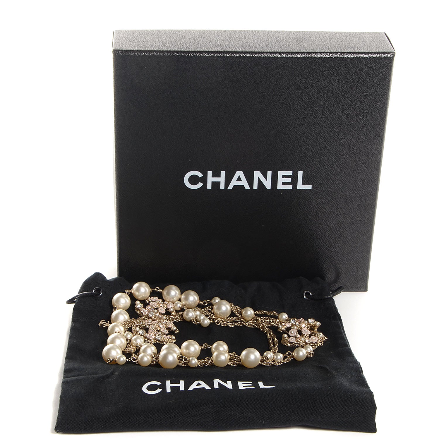 Chanel Pearl Crystal Enamel Camellia CC Long Necklace Light Gold 4 of 4
