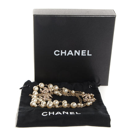 Chanel Pearl Crystal Enamel Camellia CC Long Necklace Light Gold 4 of 4