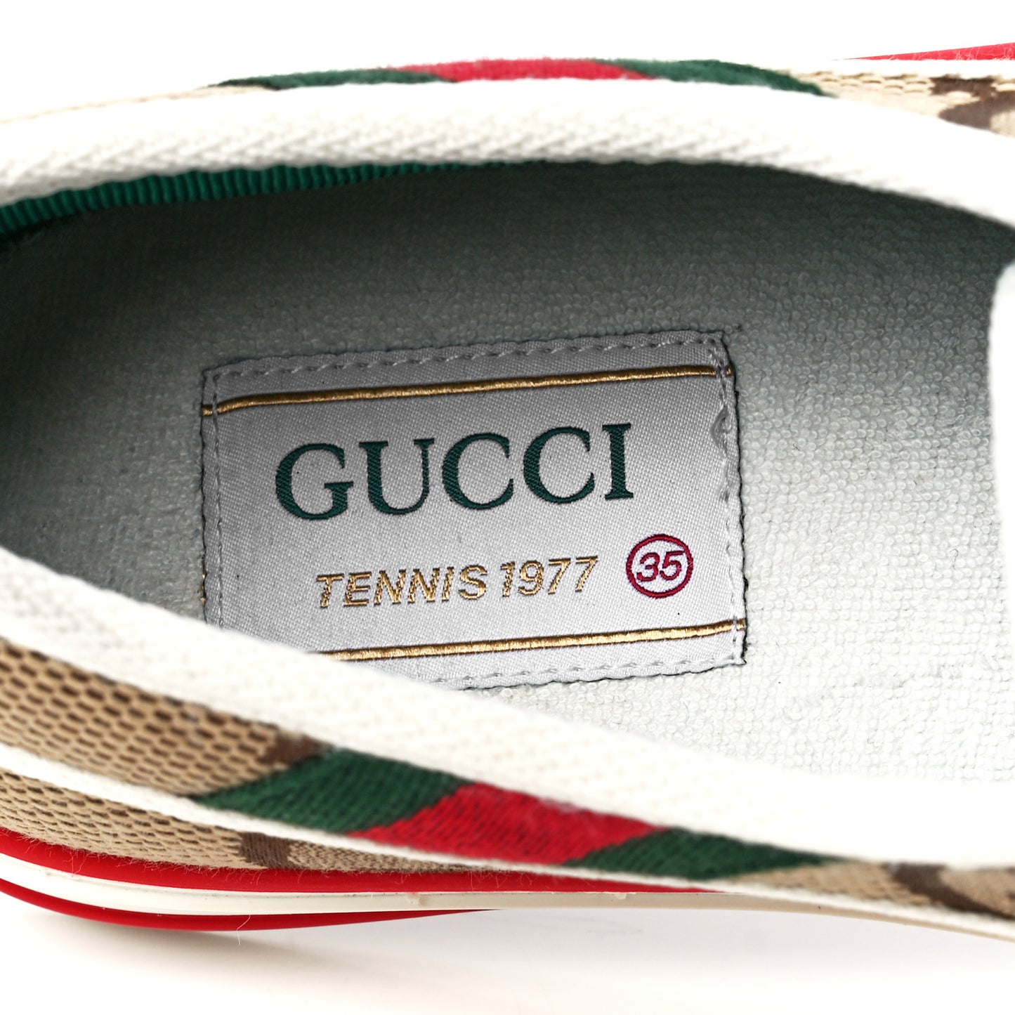 Monogram Jumbo GG Web Womens 1977 Tennis Velcro Strap Sneakers 35 Camel Ebony Mystic White