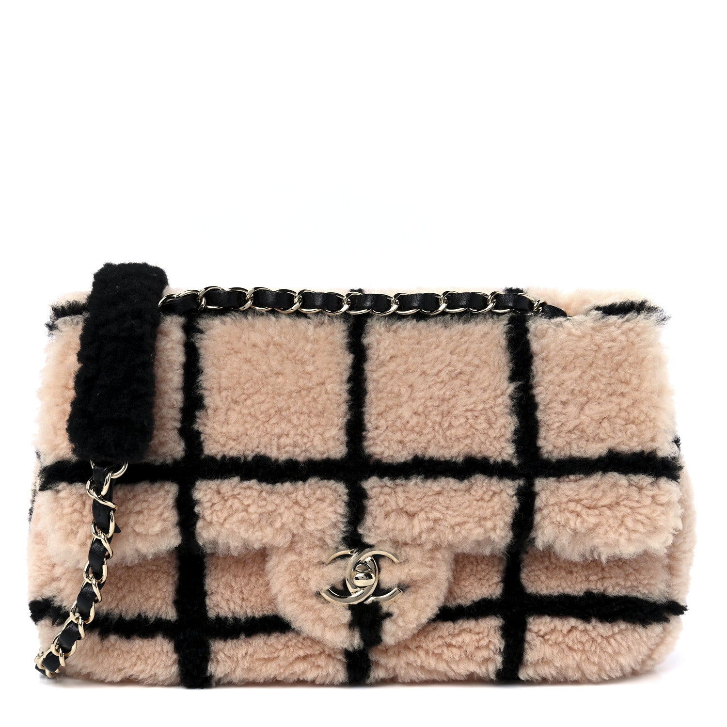 Chanel Shearling Lambskin Large Fluffy Tartan Single Flap Pink Black 1 of 12