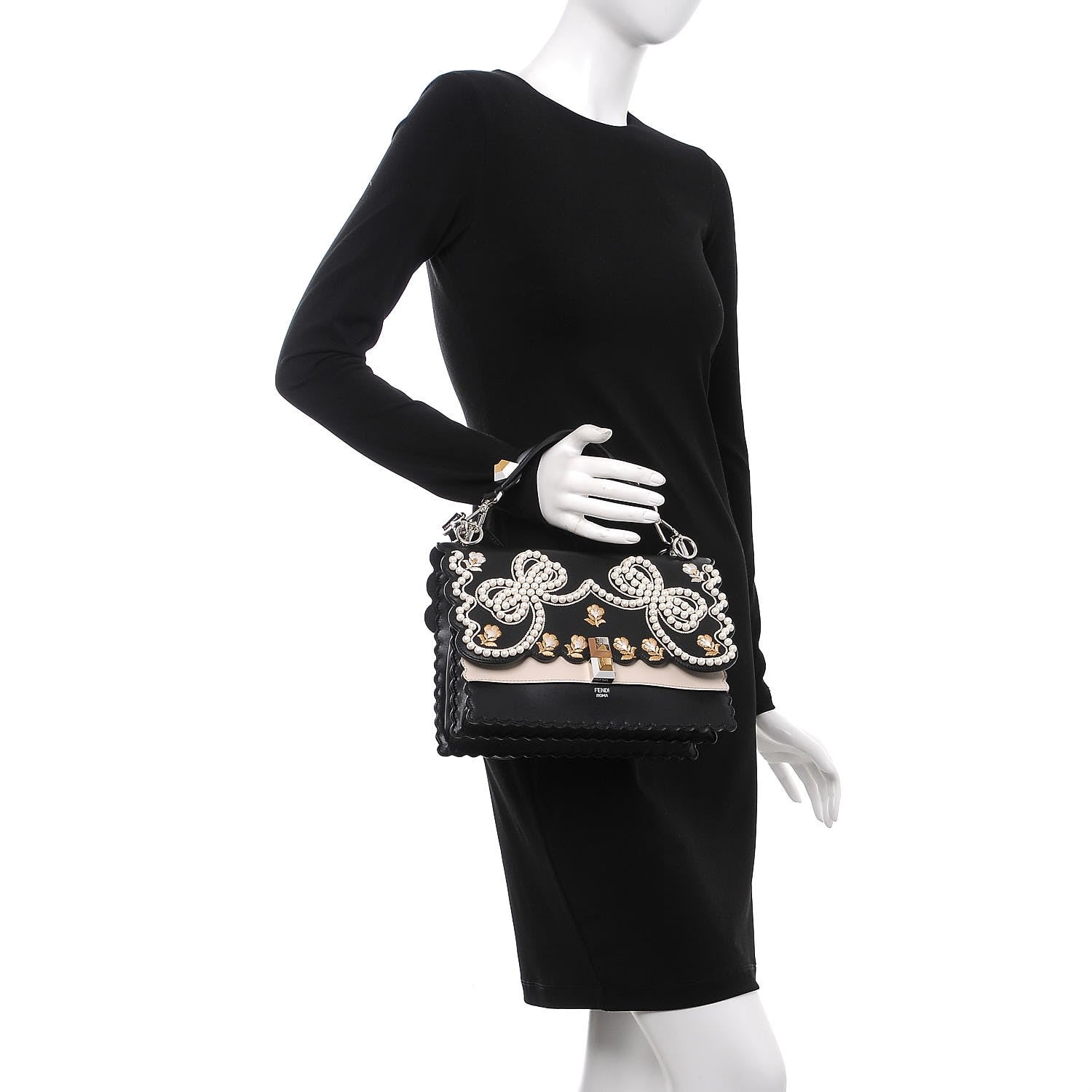 Fendi Vitello Liberty Pearl Bi-Color Flowers and Bows Scalloped Studded Kan I Shoulder Bag Black Camelia 3 of 11