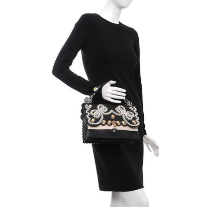 Fendi Vitello Liberty Pearl Bi-Color Flowers and Bows Scalloped Studded Kan I Shoulder Bag Black Camelia 3 of 11
