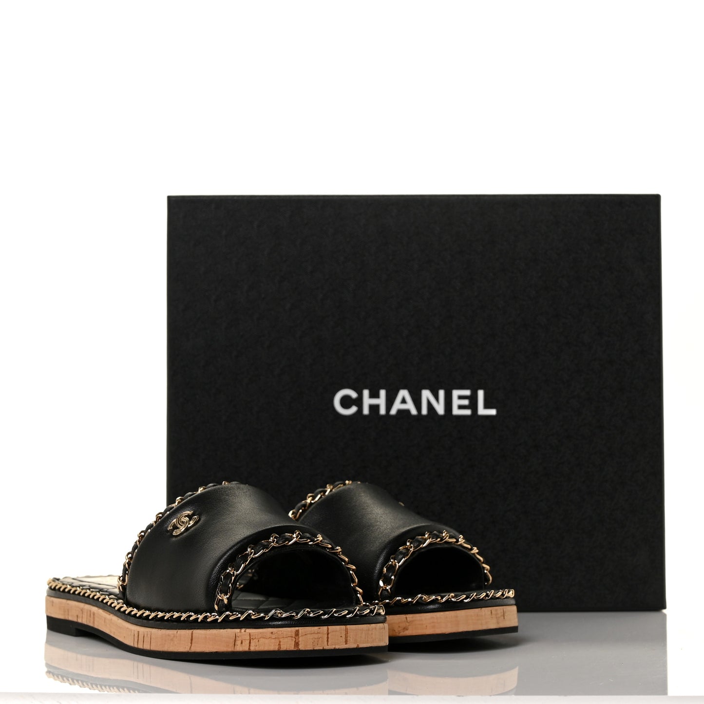 Lambskin Chain Cork Slide Sandals 39 Black