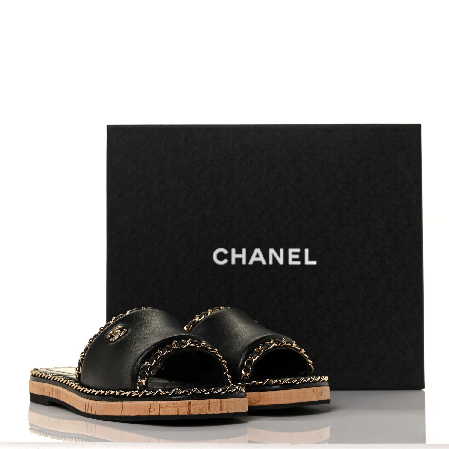 Chanel Lambskin Chain Cork Slide Sandals 39 Black 9 of 9