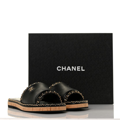 Chanel Lambskin Chain Cork Slide Sandals 39 Black 9 of 9