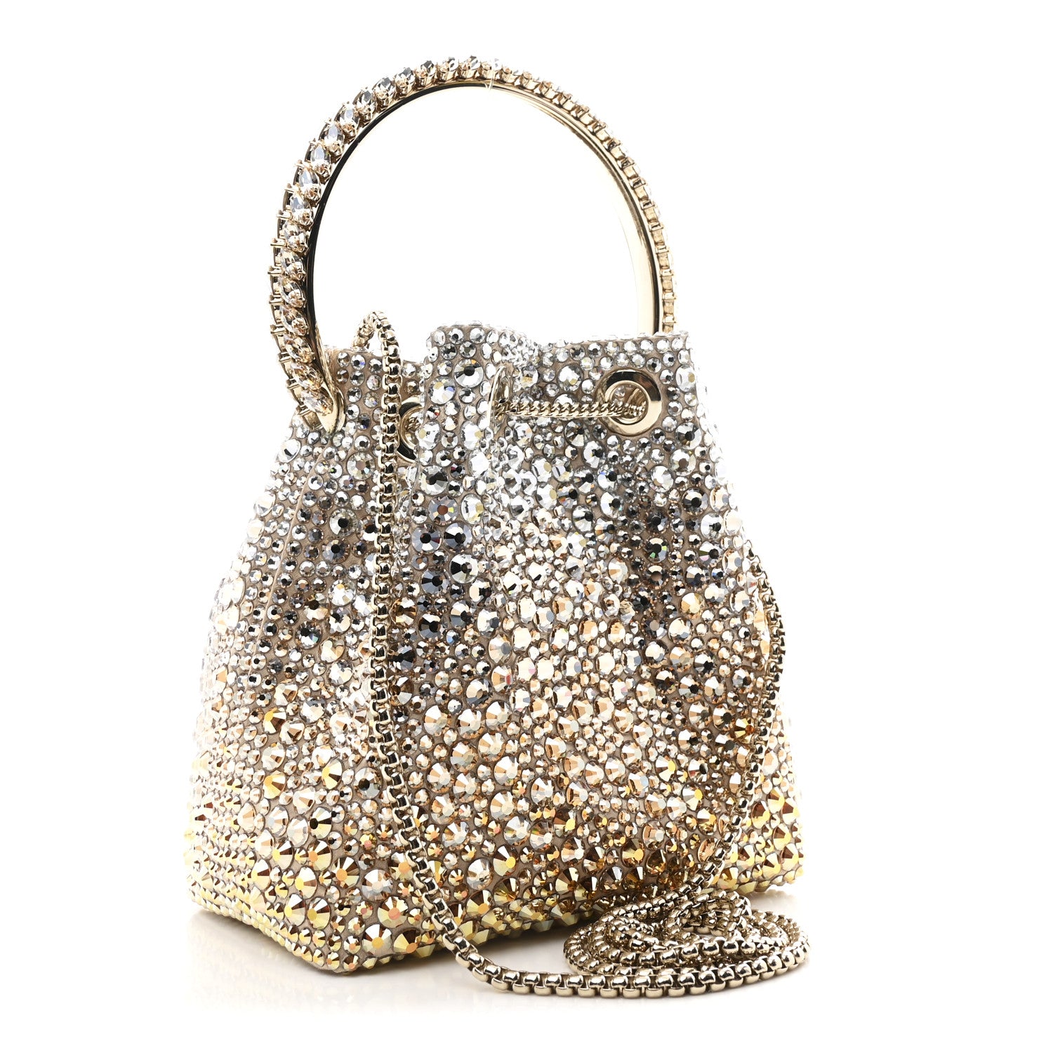 Jimmy Choo Satin Hotfix Crystal Embellished Bon Bon Bucket Bag Gold Silver 3 of 9