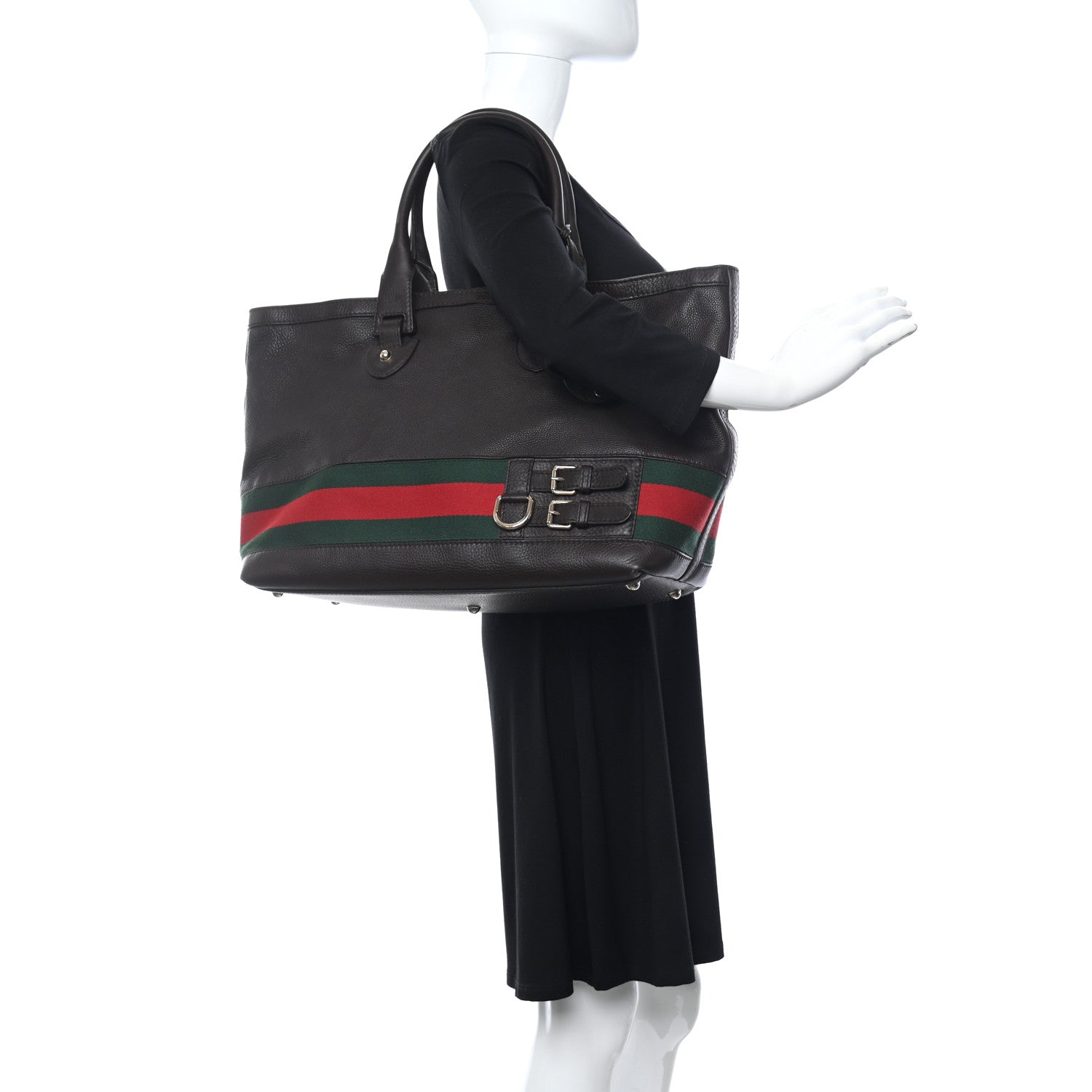 Gucci Calfskin Large Web Heritage Tote Dark Brown 2 of 10