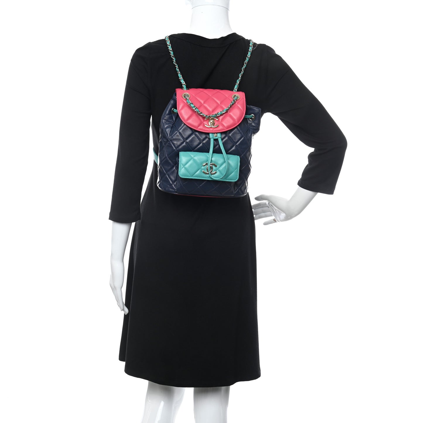 Goatskin Quilted Duma Drawstring Backpack Navy Turquoise Pink