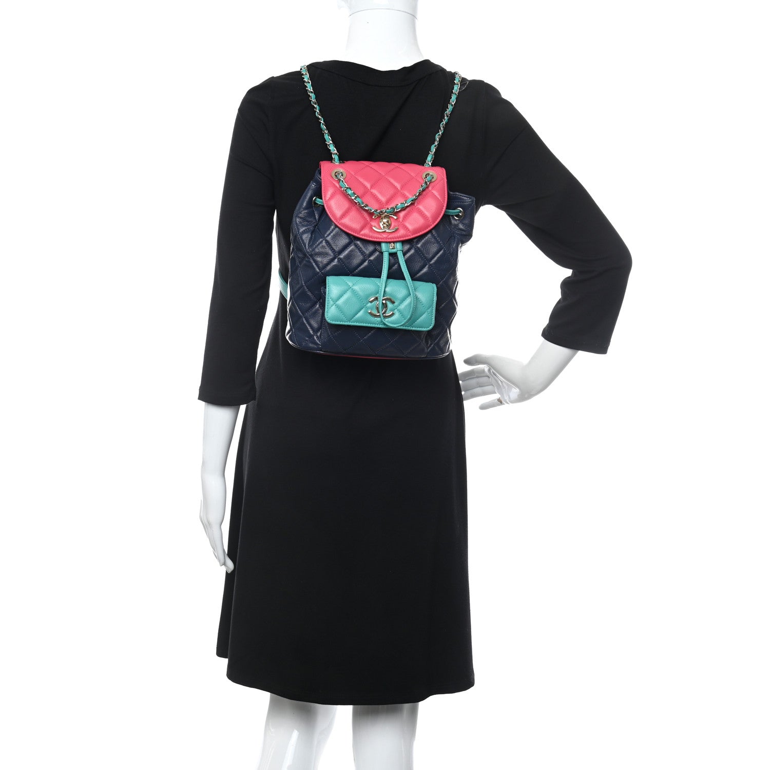 Chanel Goatskin Quilted Duma Drawstring Backpack Navy Turquoise Pink 2 of 10