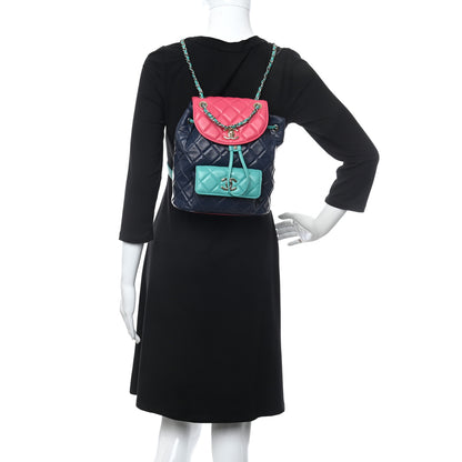 Chanel Goatskin Quilted Duma Drawstring Backpack Navy Turquoise Pink 2 of 10