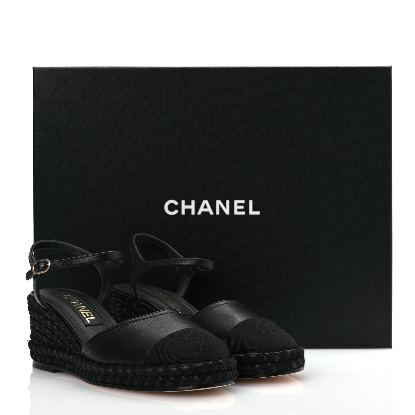 Lambskin Grosgrain CC Espadrilles Wedges 38 Black