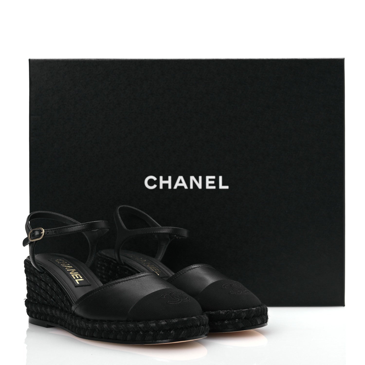 Chanel Lambskin Grosgrain CC Espadrilles Wedges 38 Black 14 of 14