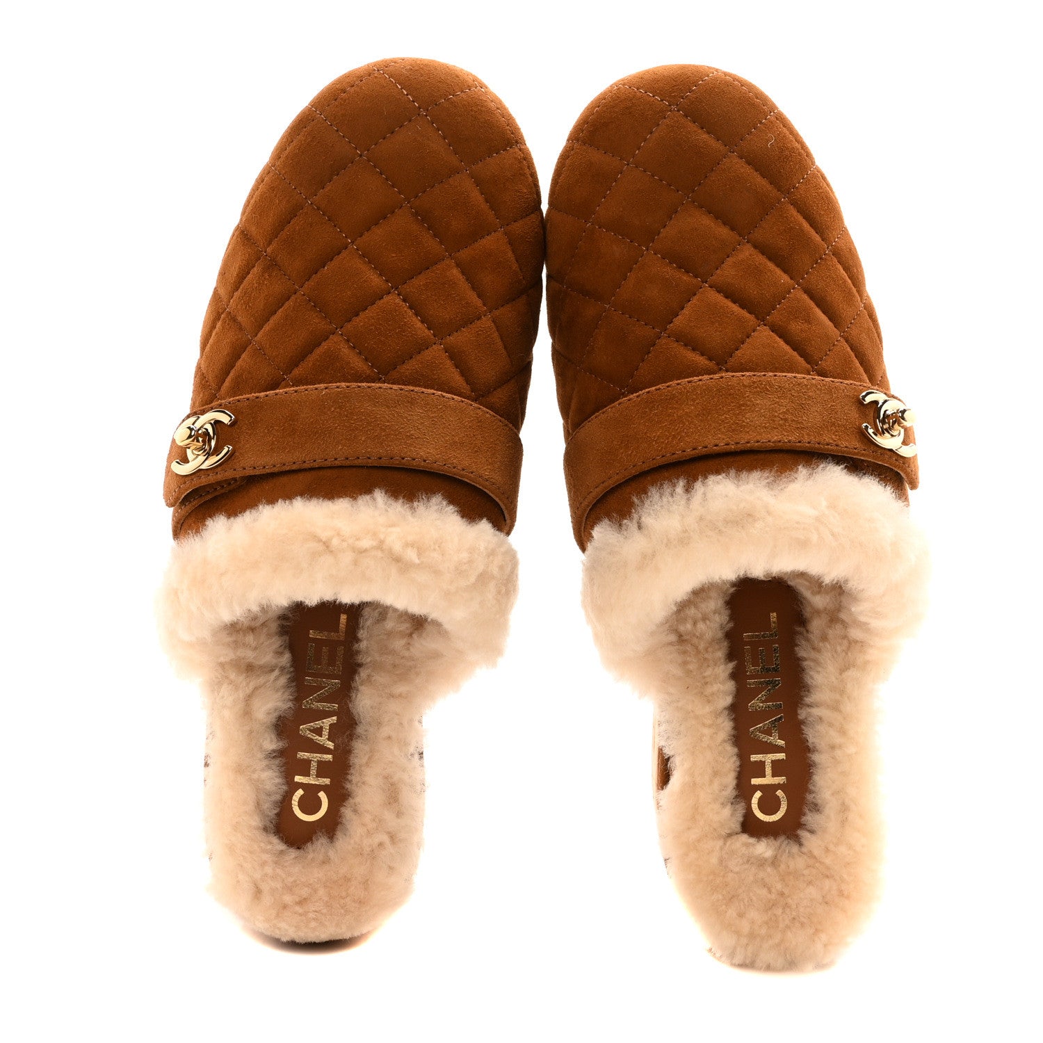 Chanel Suede Calfskin Shearling Turn Lock Clogs 37 Brown 2 of 9