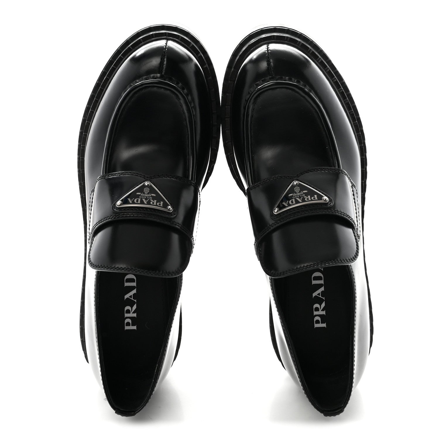 Prada Metal Triangle Logo Double Chocolate Loafers 38 Black 2 of 9