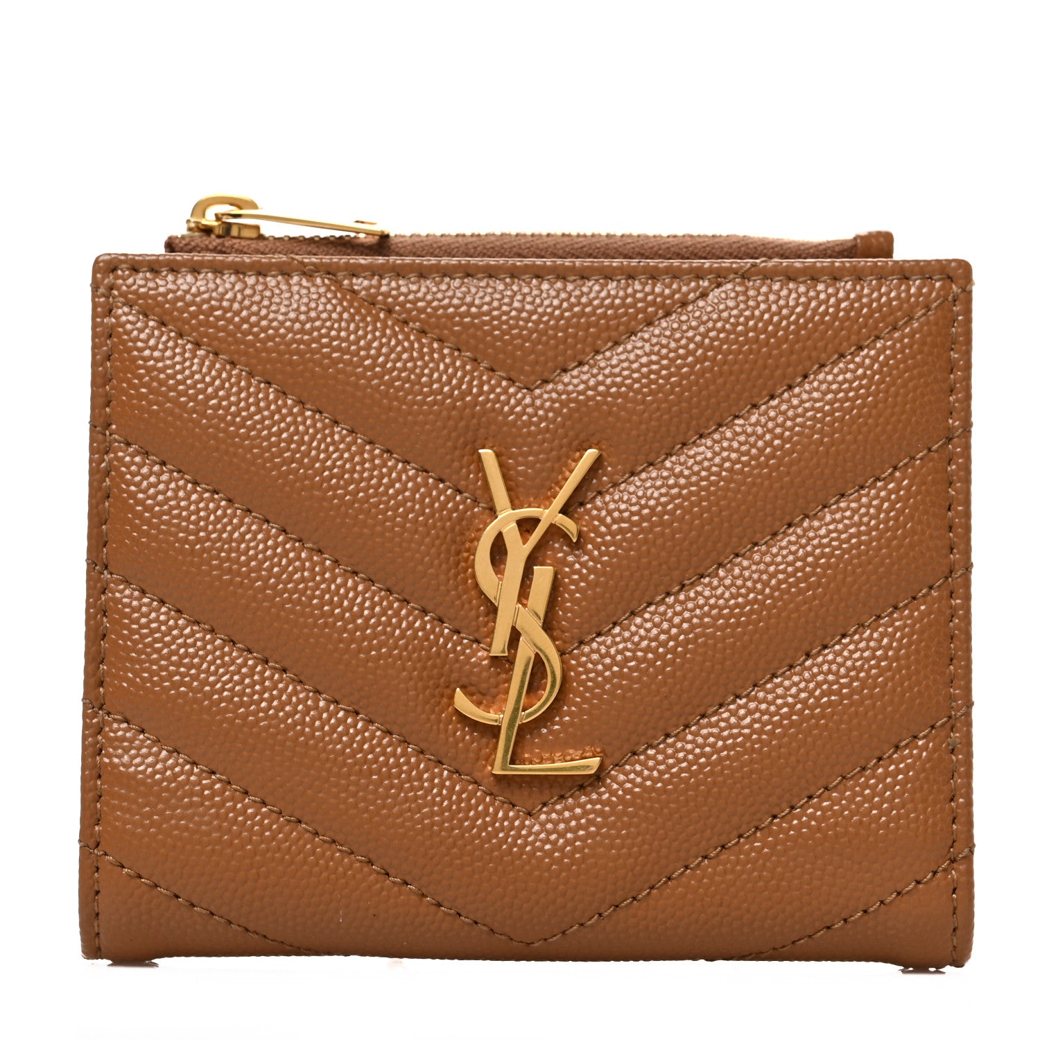 Saint Laurent Grain De Poudre Matelasse Chevron Monogram Zipped Card Case Dark Natural 1 of 7